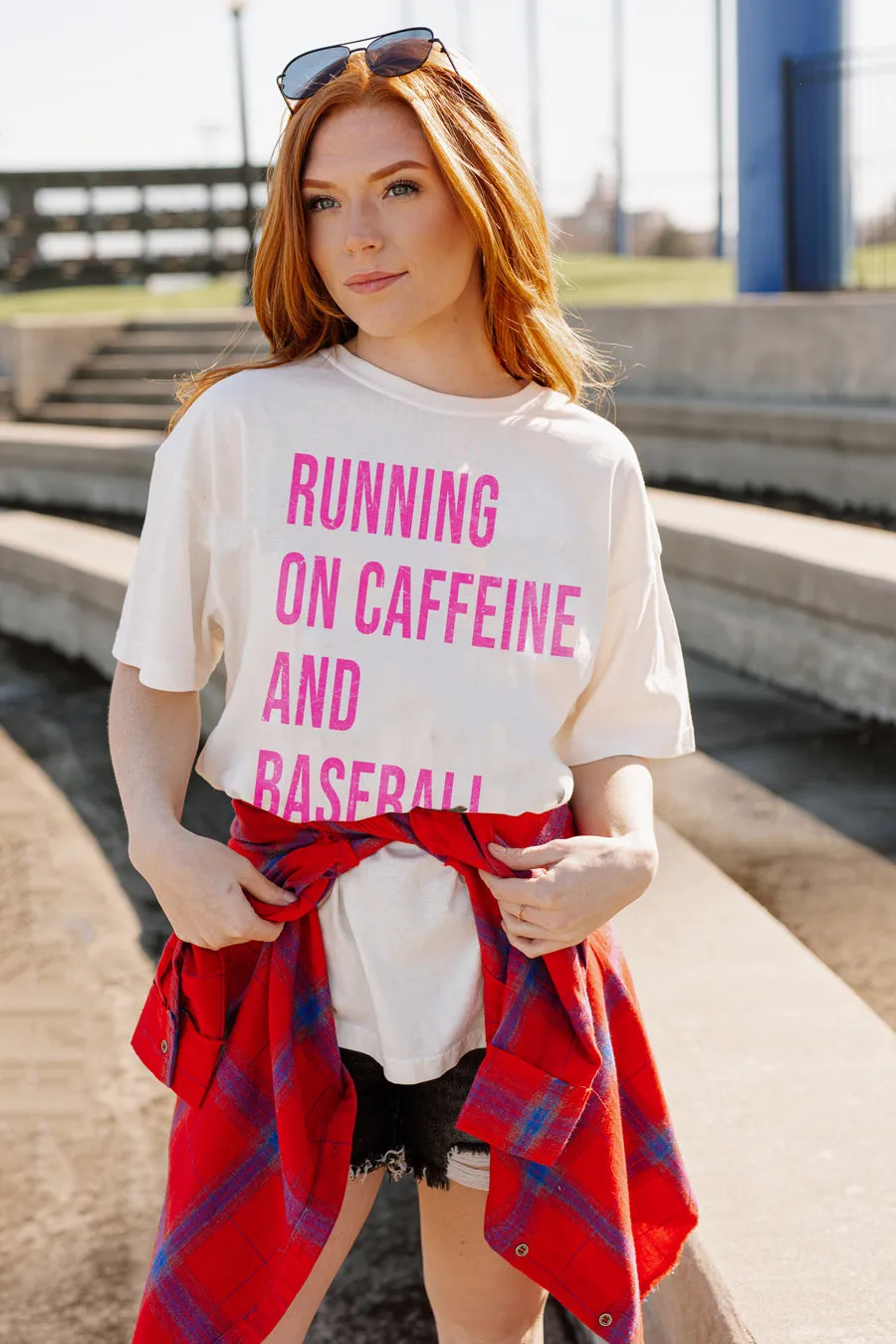 CAFFIENE AND BASEBALL IN PINK VINTAGE BOYFRIEND TEE