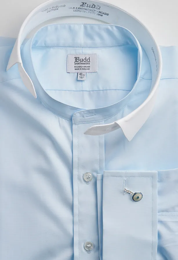 Classic Fit Plain Neckband Poplin Double Cuff Shirt in Sky Blue
