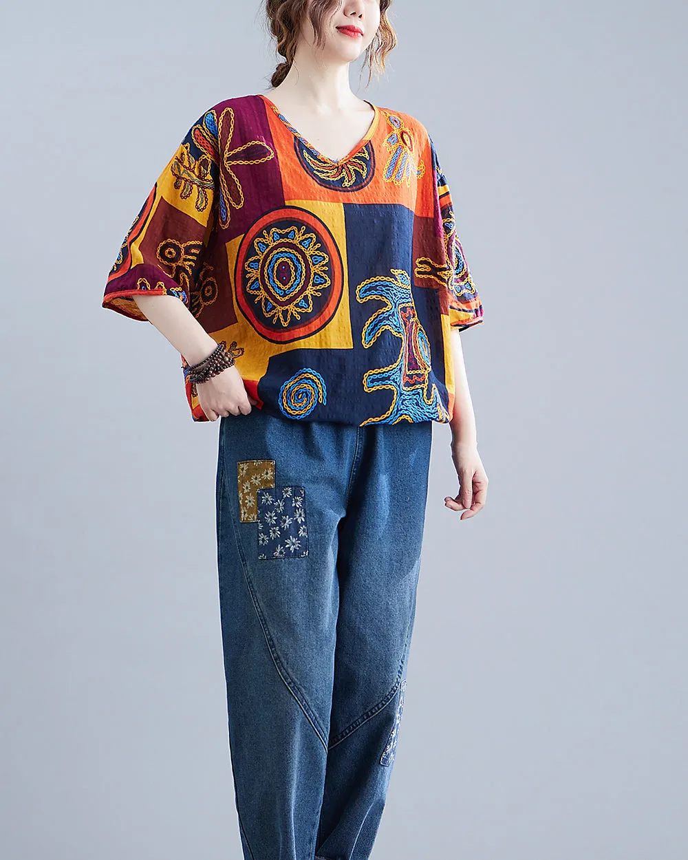 ellazhu Women's V-Neck Short Sleeves Color Block Patchwork Pattern Print T-Shirt GA2725