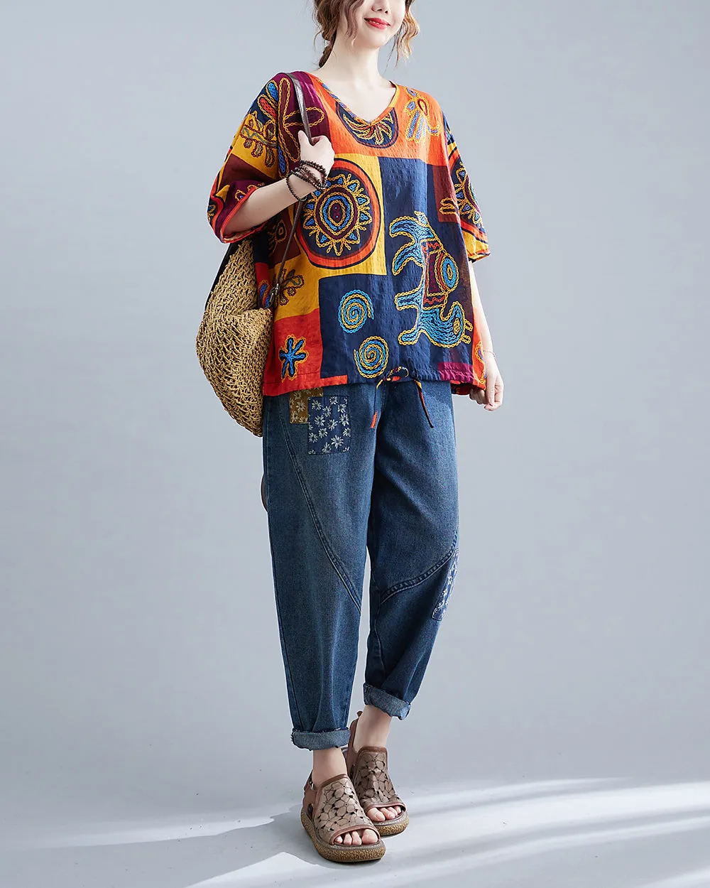 ellazhu Women's V-Neck Short Sleeves Color Block Patchwork Pattern Print T-Shirt GA2725