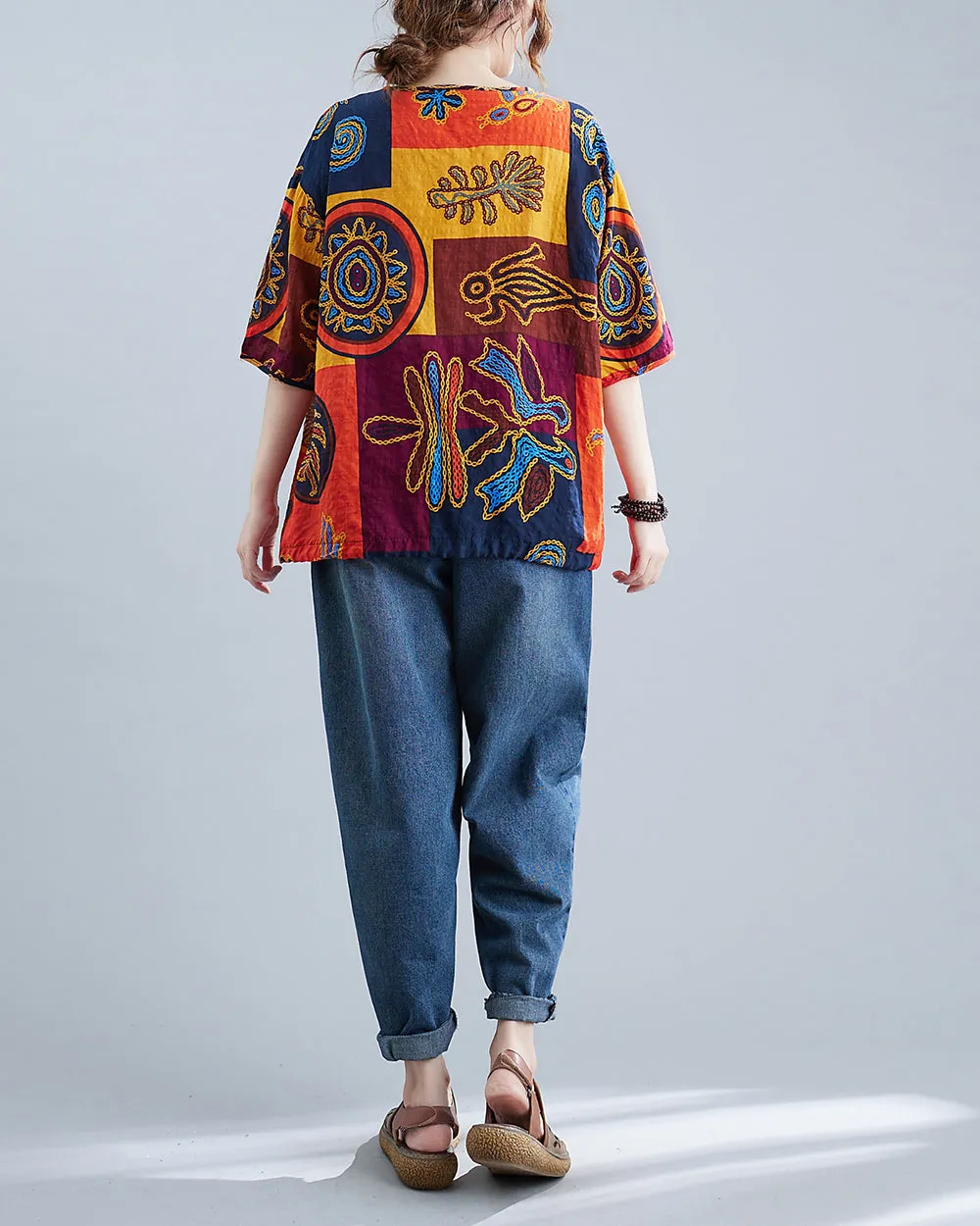 ellazhu Women's V-Neck Short Sleeves Color Block Patchwork Pattern Print T-Shirt GA2725