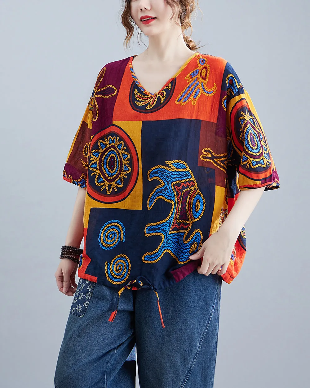 ellazhu Women's V-Neck Short Sleeves Color Block Patchwork Pattern Print T-Shirt GA2725
