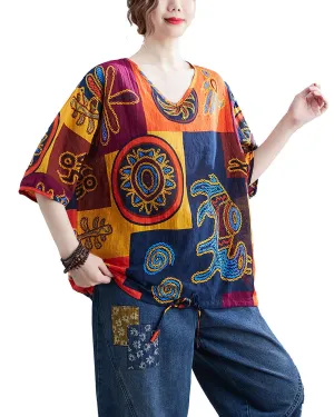 ellazhu Women's V-Neck Short Sleeves Color Block Patchwork Pattern Print T-Shirt GA2725