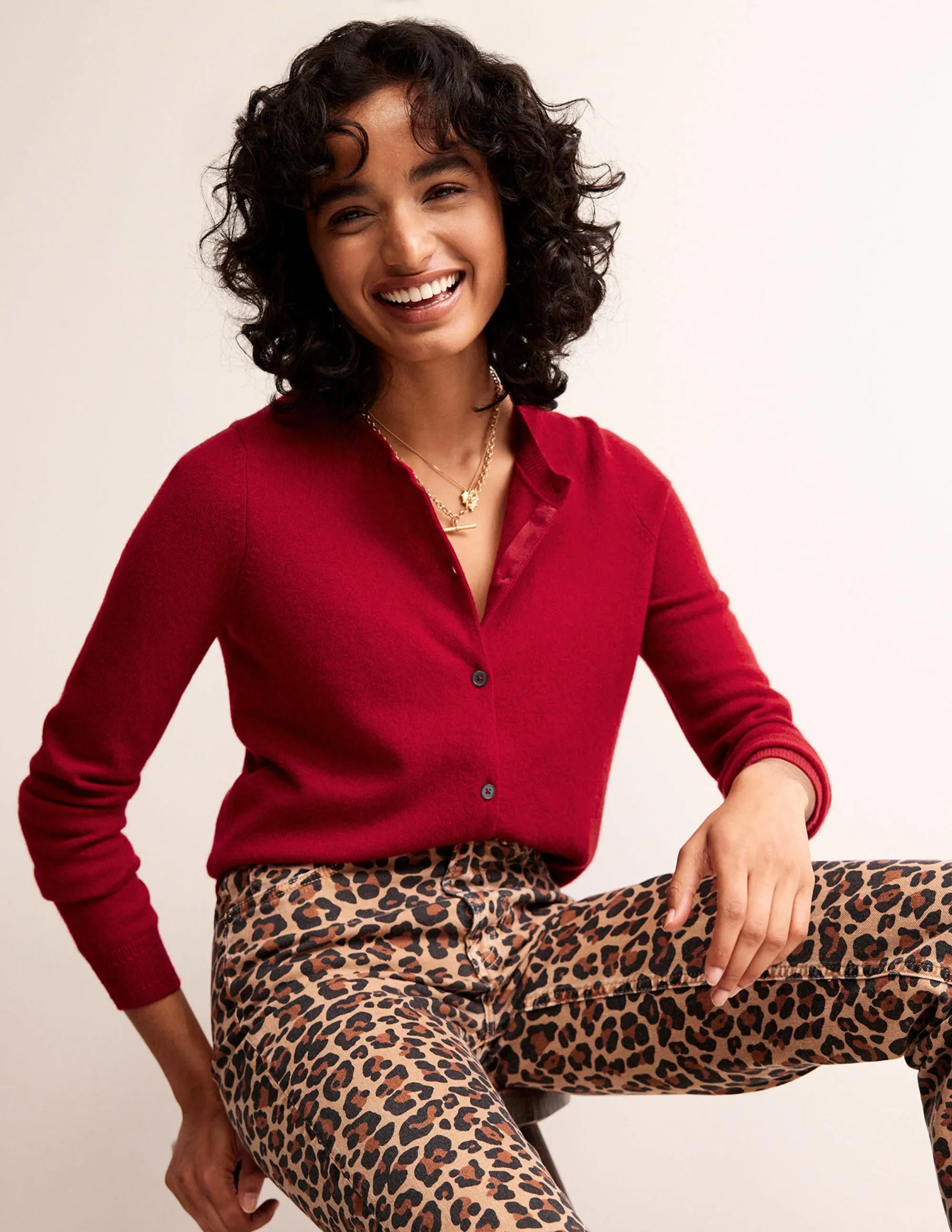 Eva Cashmere Crew Cardigan-Salsa