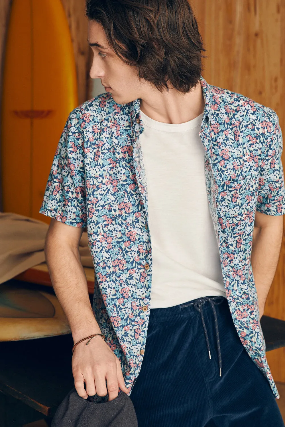 Faherty Short-Sleeve Breeze Shirt in Seafoam Beach Blossom