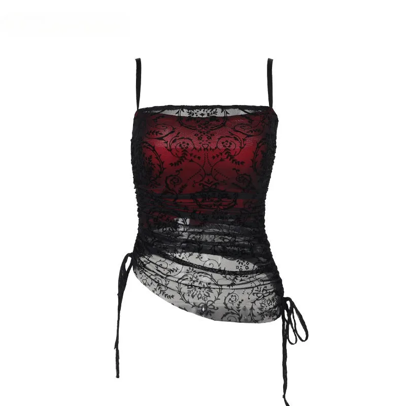 Fairy Grunge Vintage Aesthetic Flocking Patchwork Hem See Through Crop Top