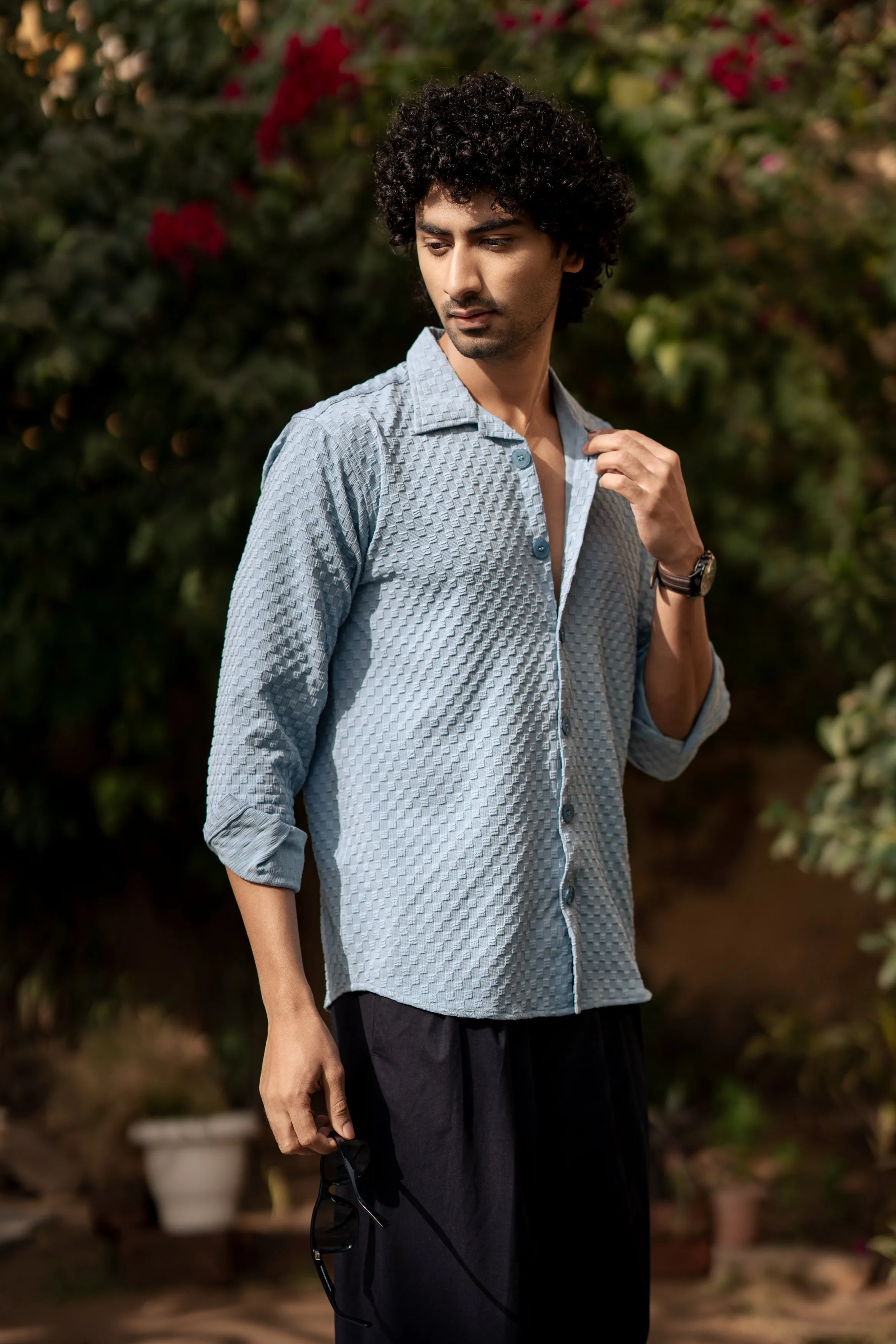 Firangi Yarn Men's Full Sleeve Bubble Cube Self Design Shirt Baby Blue