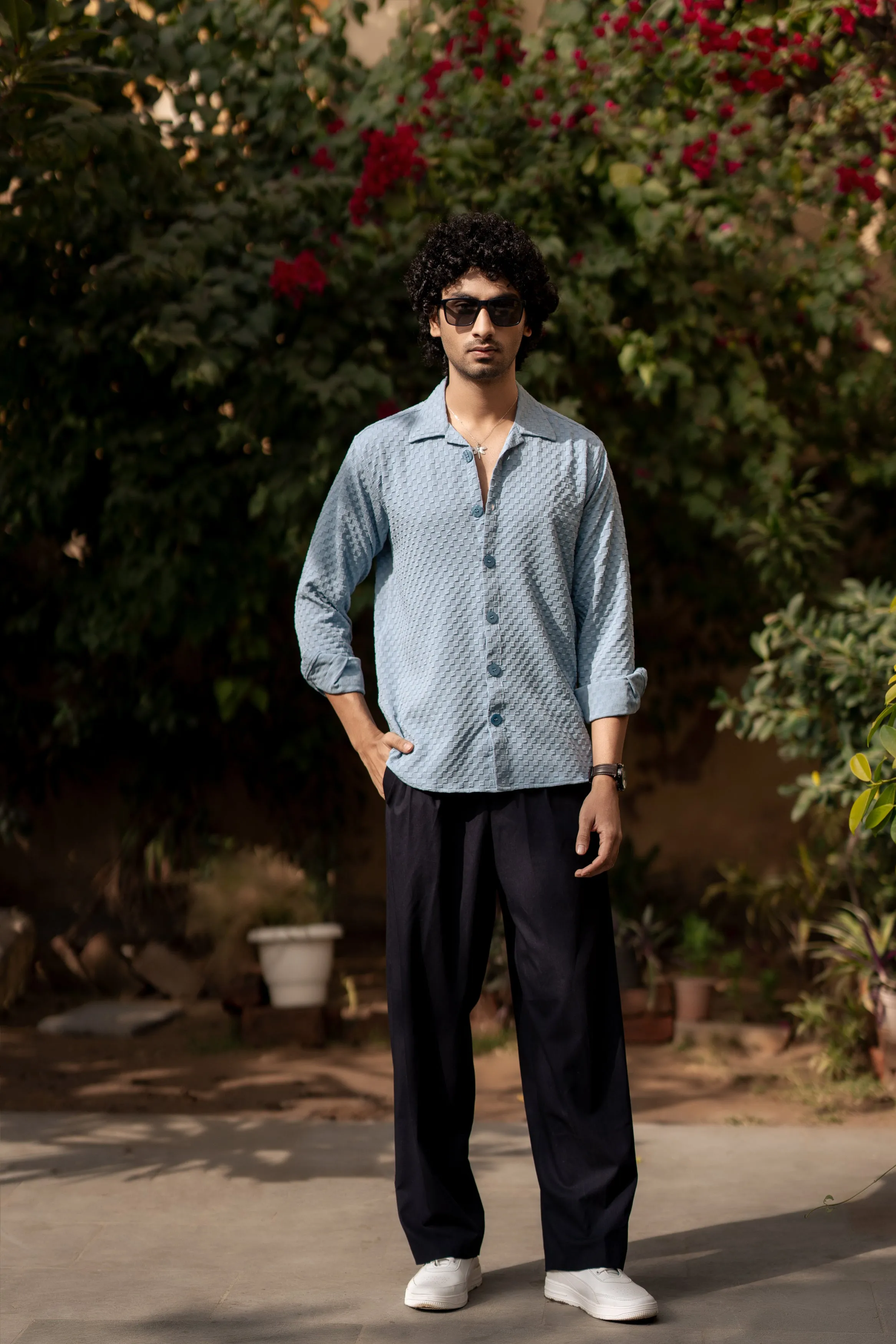 Firangi Yarn Men's Full Sleeve Bubble Cube Self Design Shirt Baby Blue