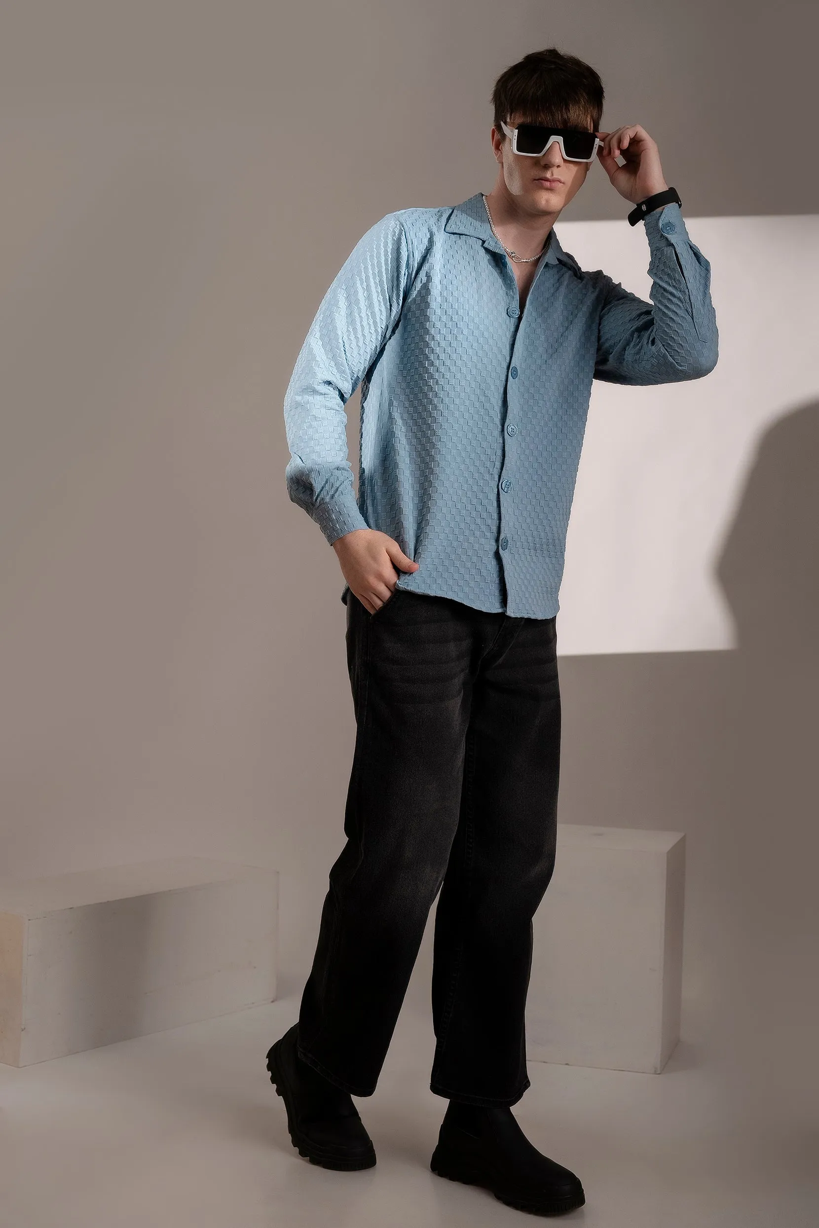 Firangi Yarn Men's Full Sleeve Bubble Cube Self Design Shirt Baby Blue