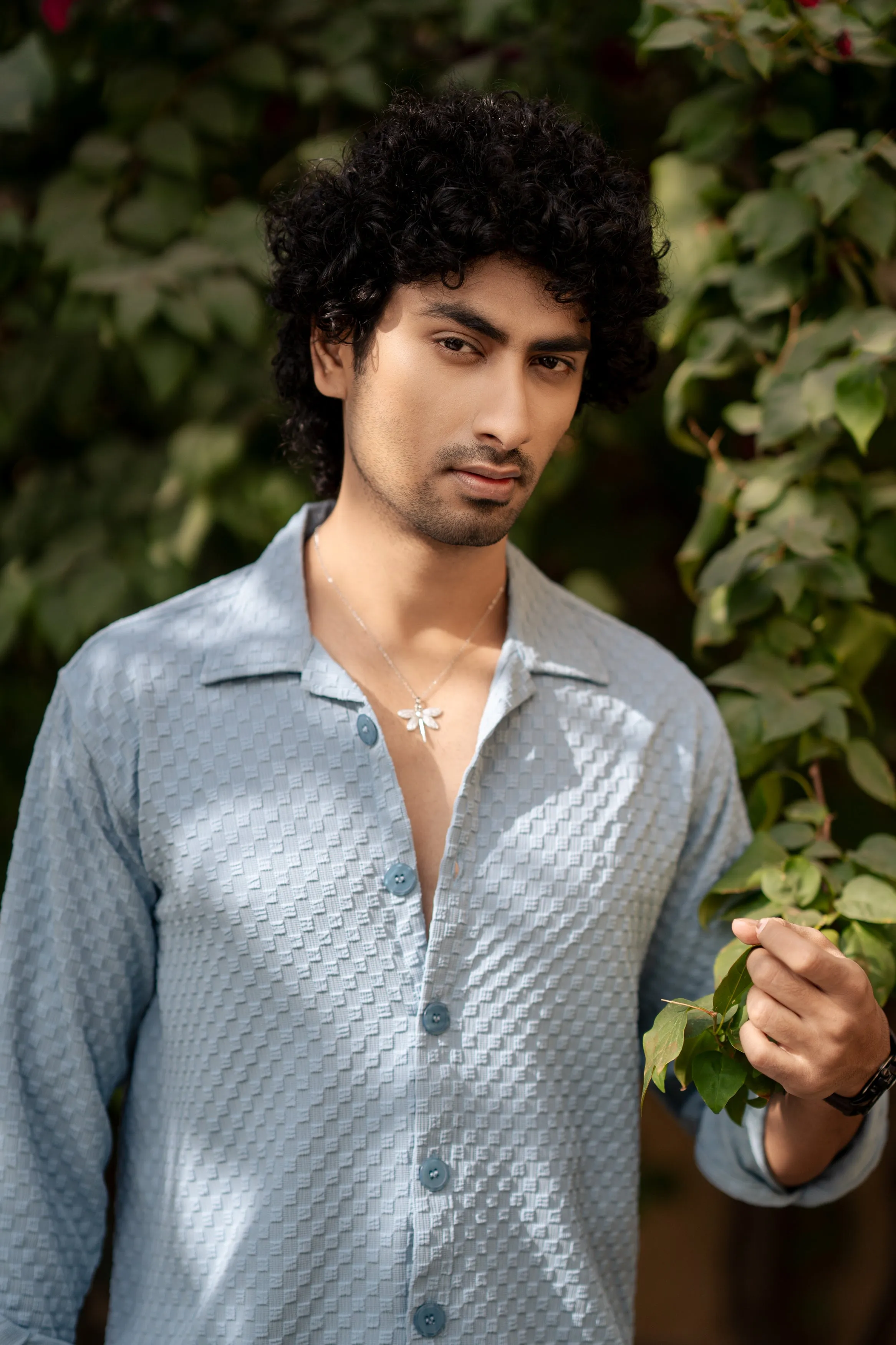 Firangi Yarn Men's Full Sleeve Bubble Cube Self Design Shirt Baby Blue