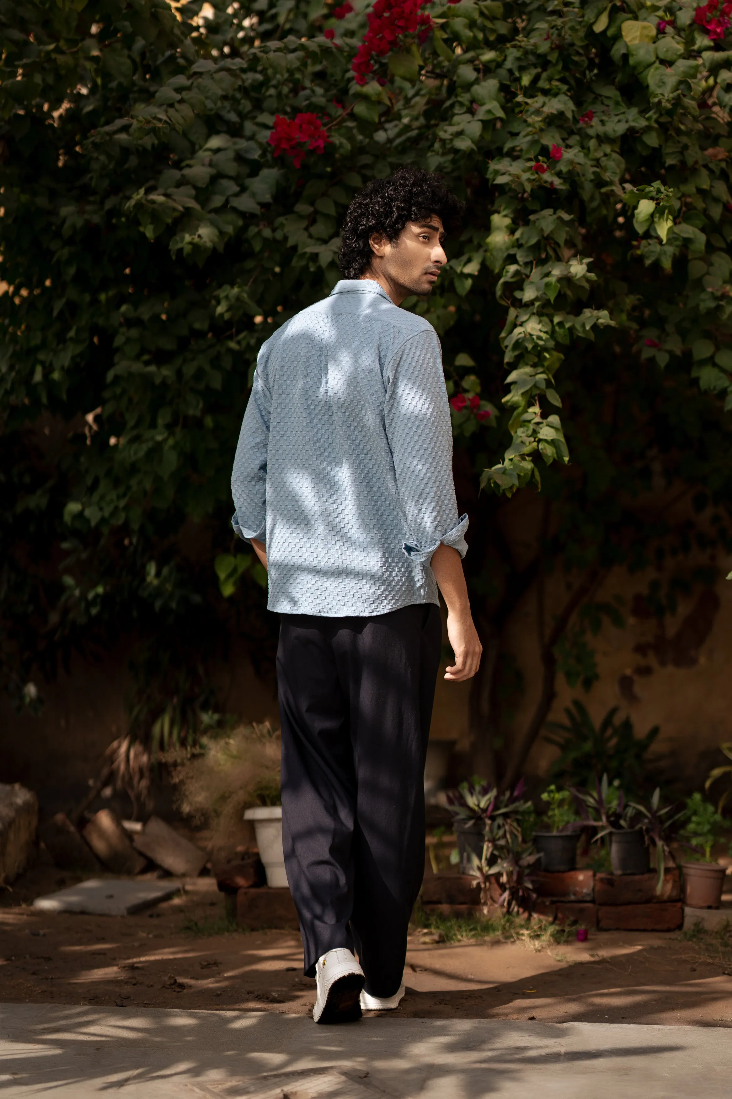 Firangi Yarn Men's Full Sleeve Bubble Cube Self Design Shirt Baby Blue
