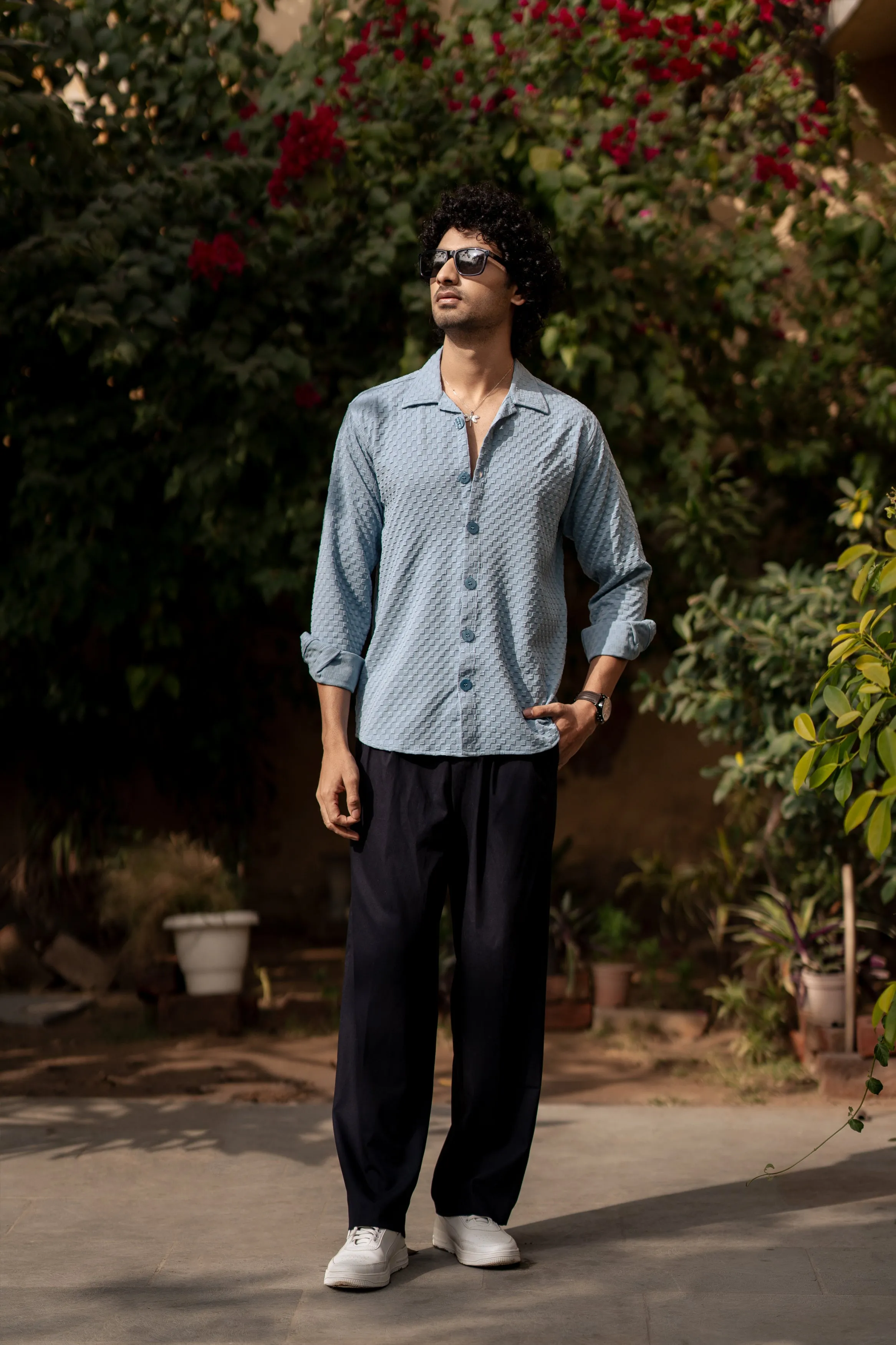 Firangi Yarn Men's Full Sleeve Bubble Cube Self Design Shirt Baby Blue