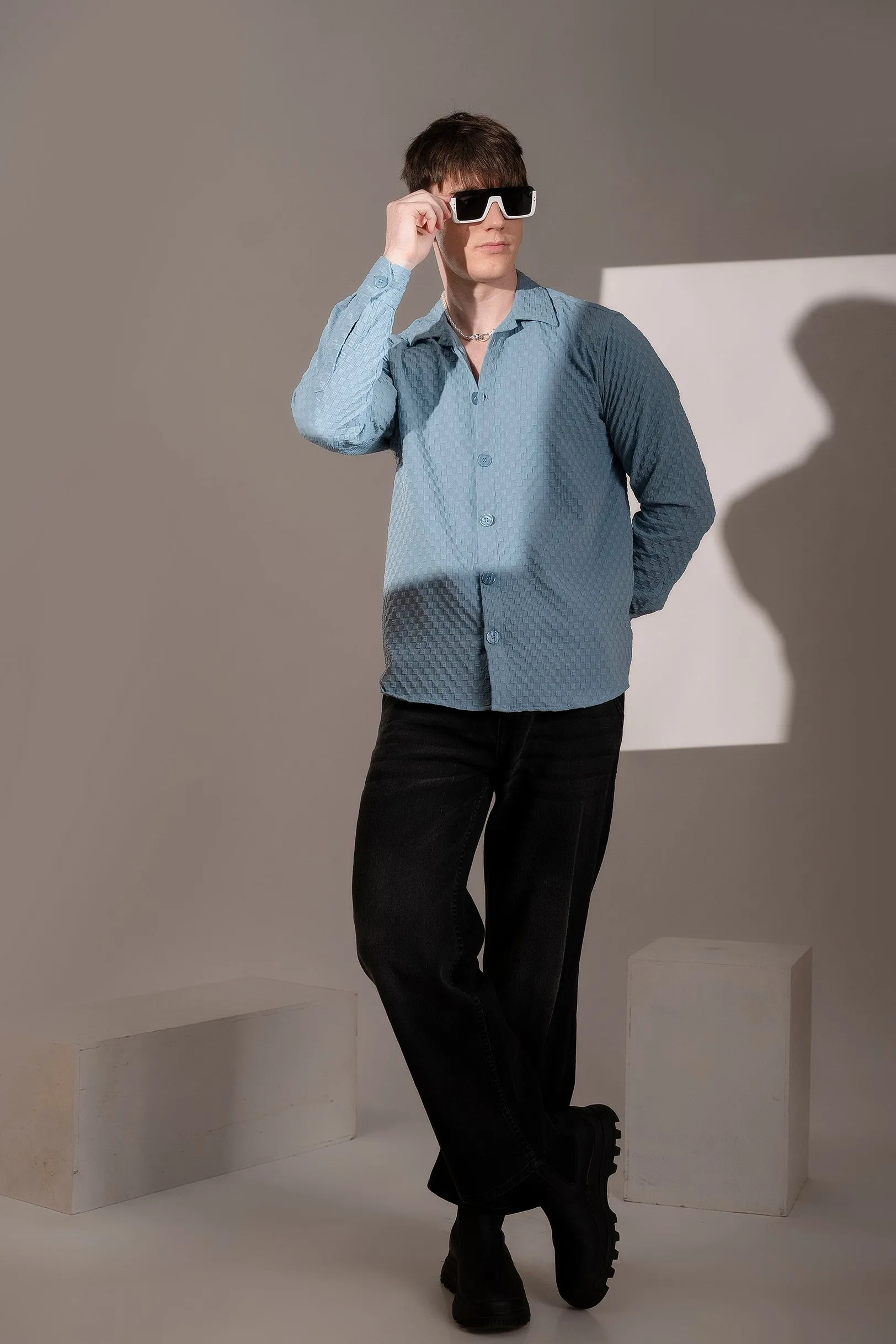 Firangi Yarn Men's Full Sleeve Bubble Cube Self Design Shirt Baby Blue