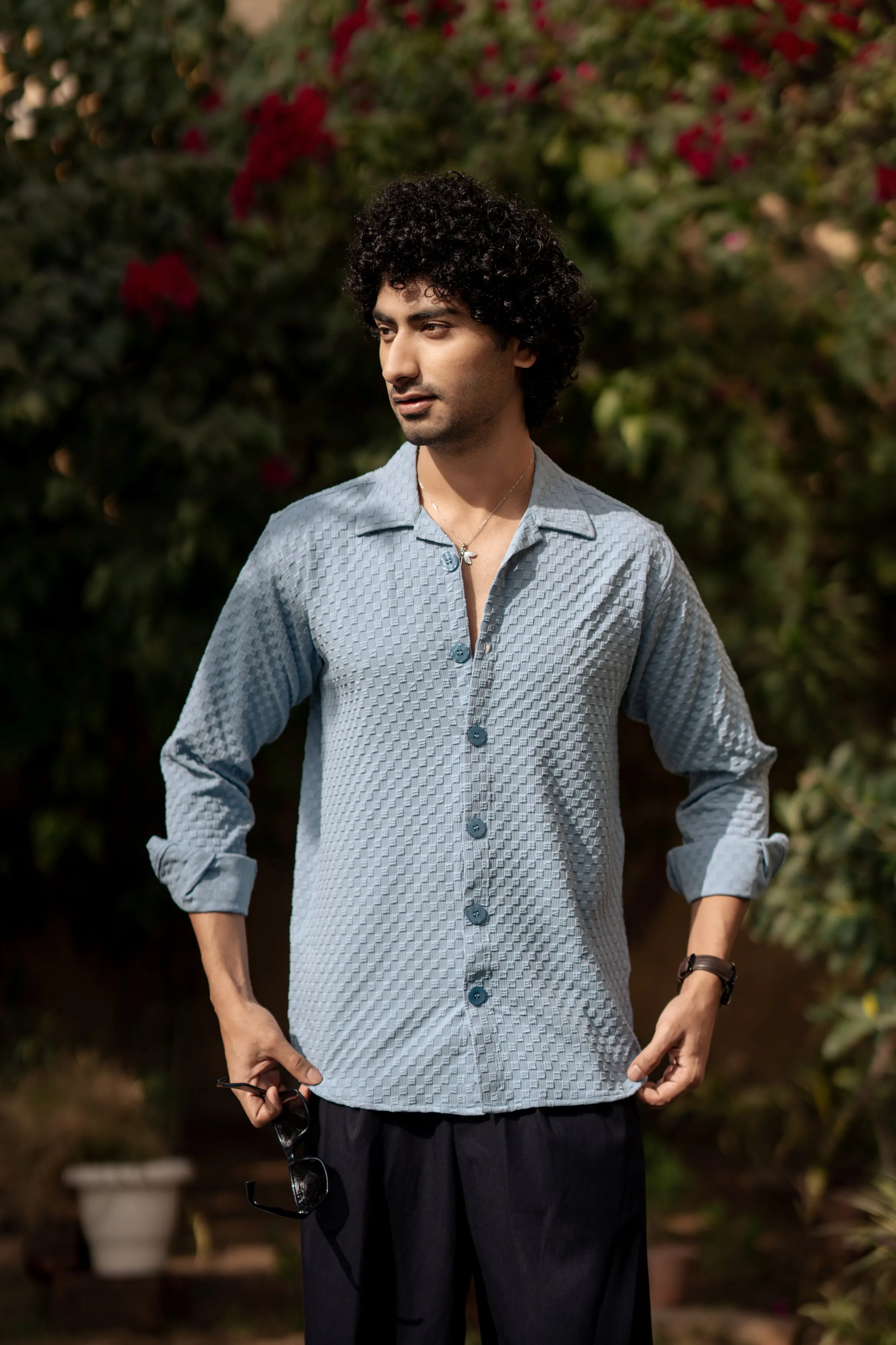 Firangi Yarn Men's Full Sleeve Bubble Cube Self Design Shirt Baby Blue