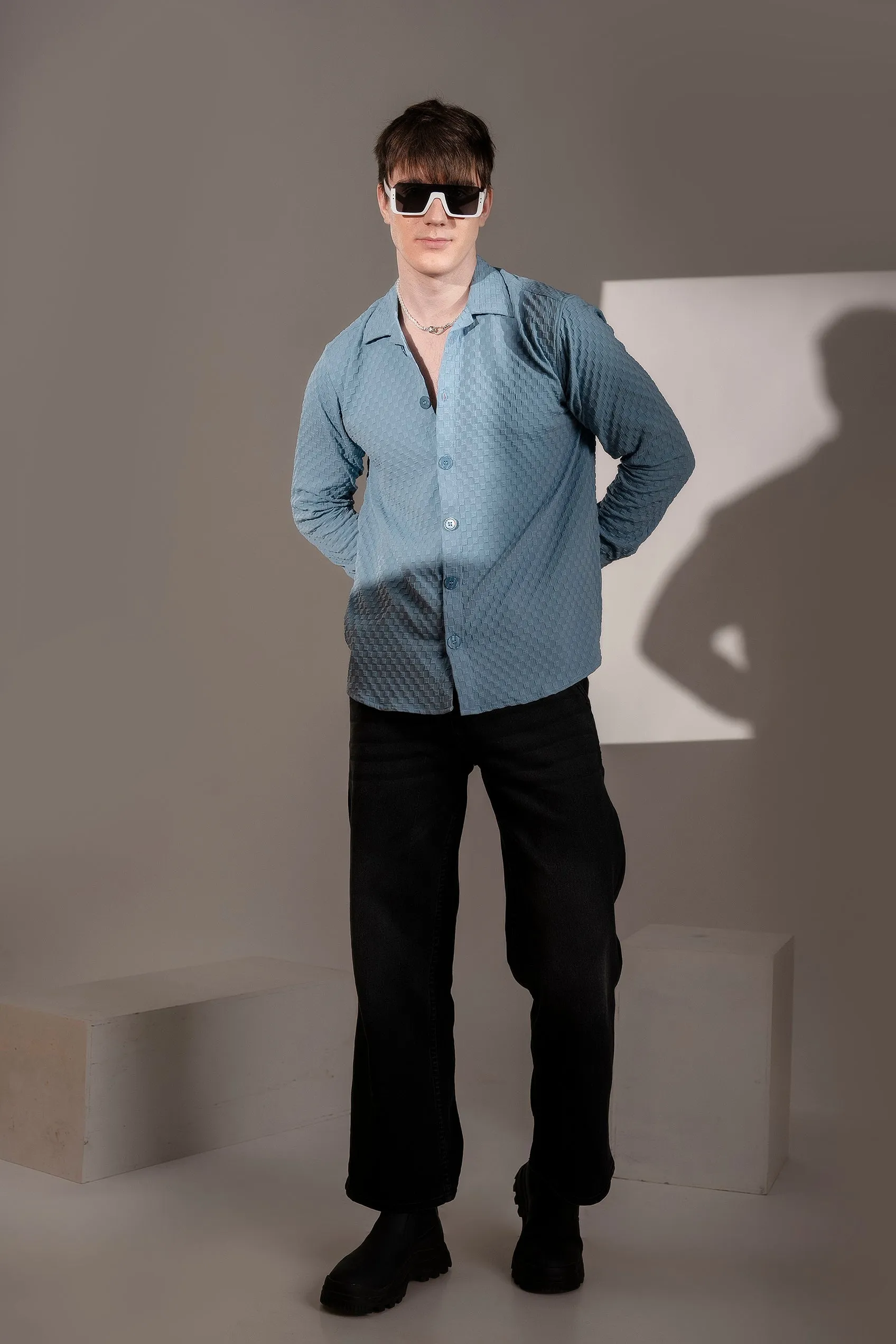 Firangi Yarn Men's Full Sleeve Bubble Cube Self Design Shirt Baby Blue