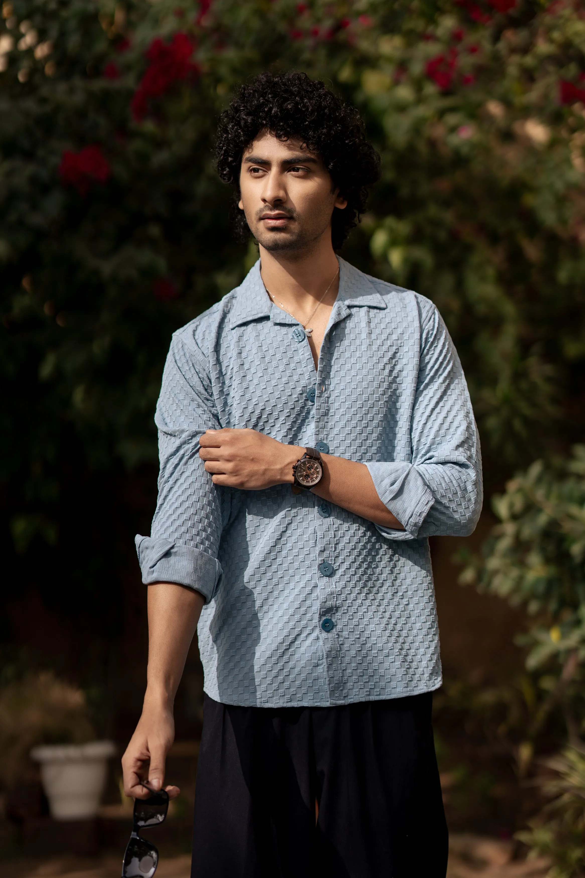 Firangi Yarn Men's Full Sleeve Bubble Cube Self Design Shirt Baby Blue
