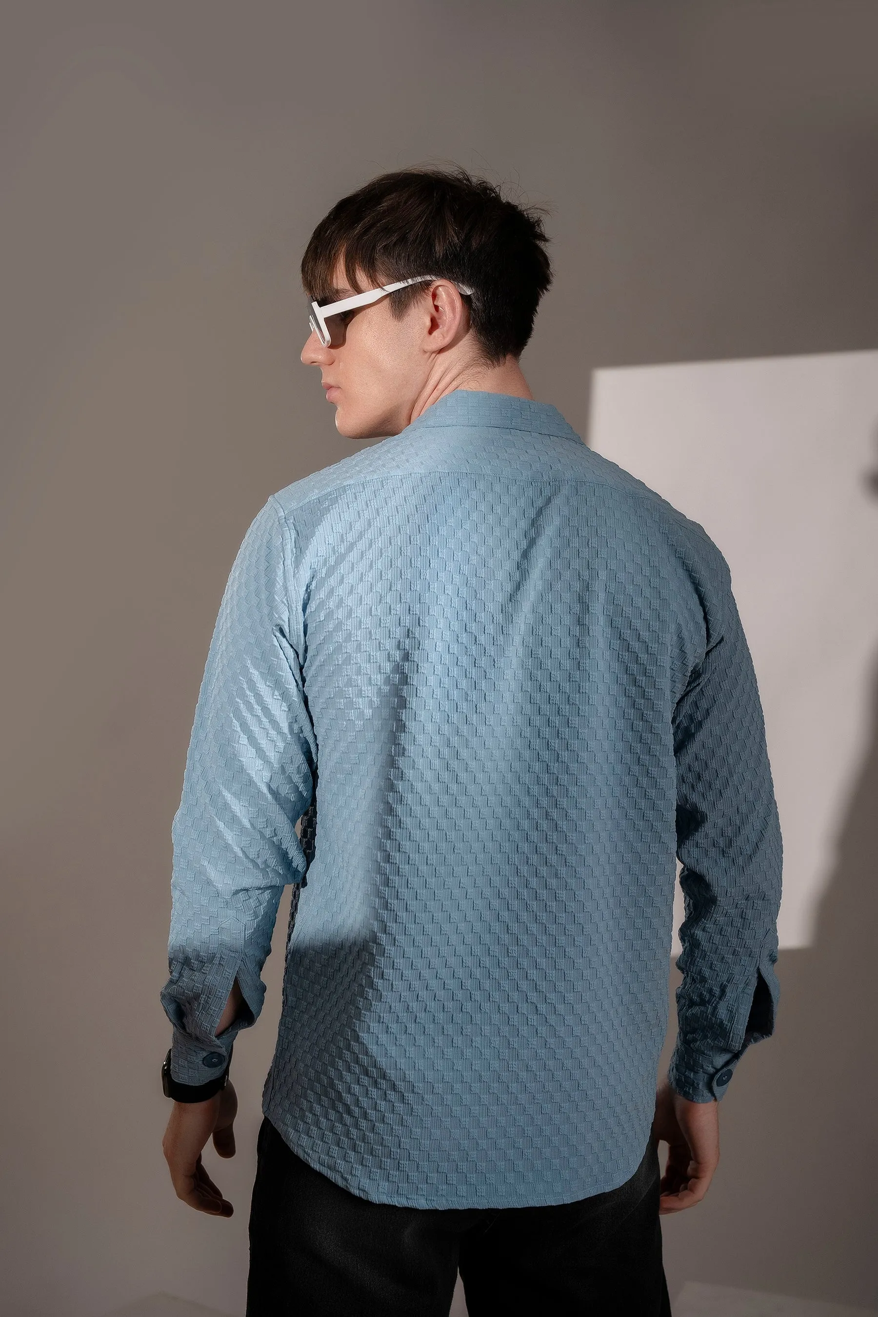 Firangi Yarn Men's Full Sleeve Bubble Cube Self Design Shirt Baby Blue