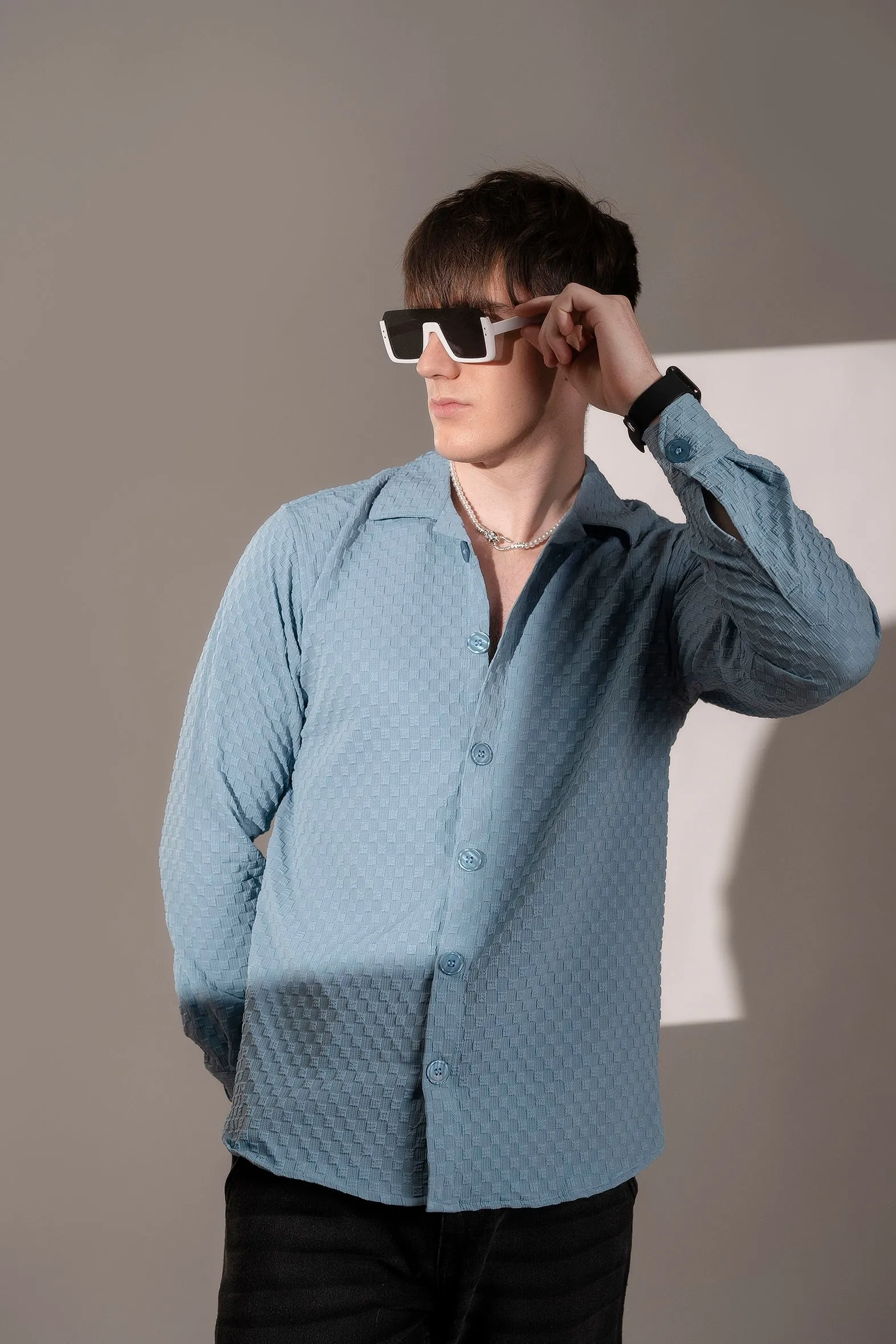 Firangi Yarn Men's Full Sleeve Bubble Cube Self Design Shirt Baby Blue
