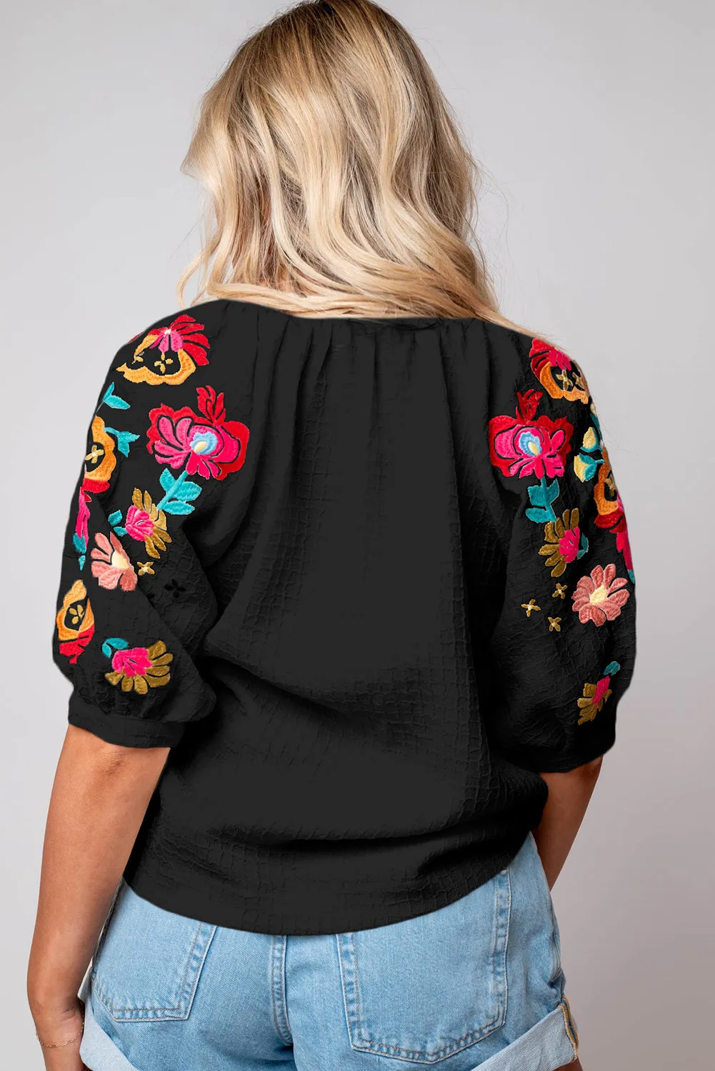 Floral Embroidered Ricrac Puff Sleeve Textured Blouse