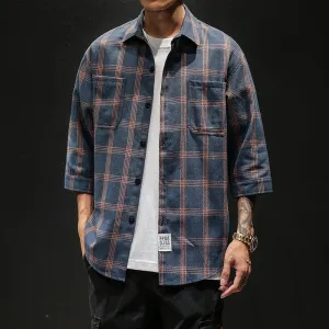 GbolsosSummer Style Men Three Quarter Sleeve Shirt Plaid Design Social Casual Men Dress Shirts ABZ402
