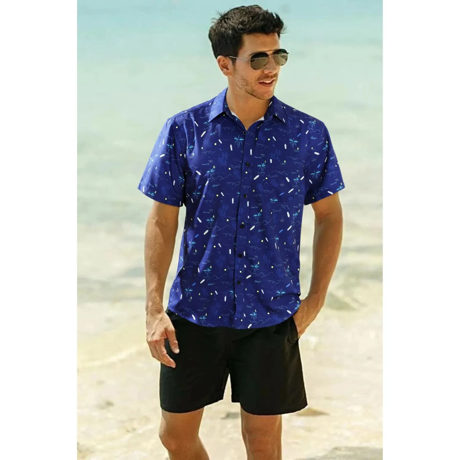 Hawaiian Tropical Shirts with Pocket - B-03 NAVY BLUE