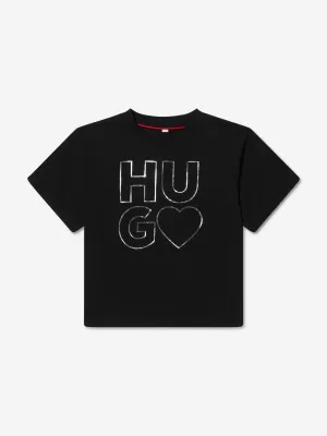 Hugo Girls Organic Cotton Logo Print T-Shirt in Black