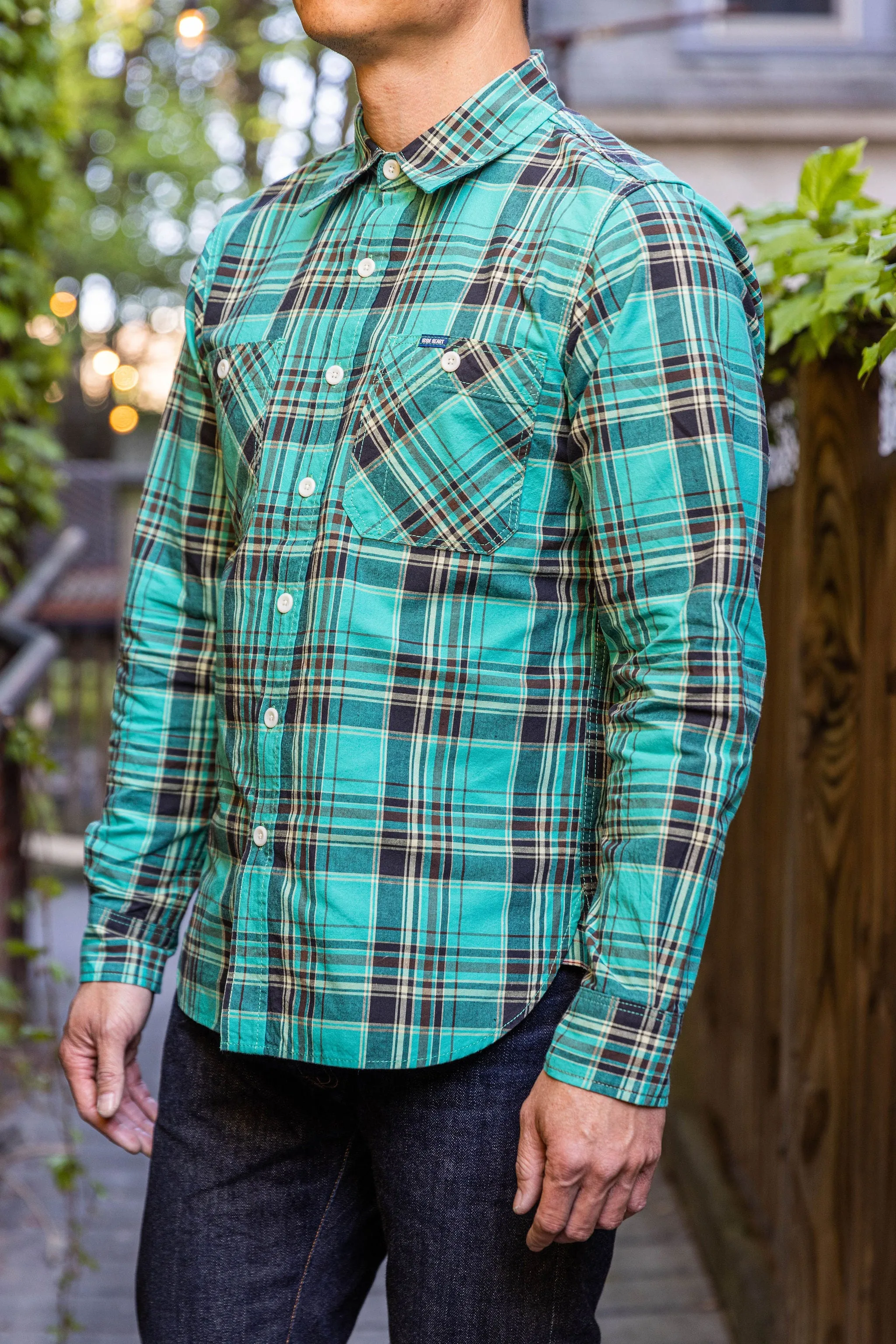 Iron Heart IHSH-356-GRN 5oz Selvedge Madras Check Work Shirt - Green
