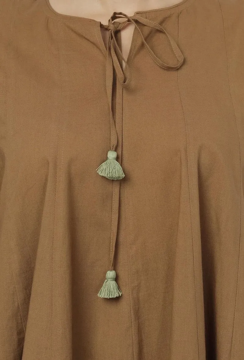Kanak Beige Plain Round Neck Gathered Tie Up Top