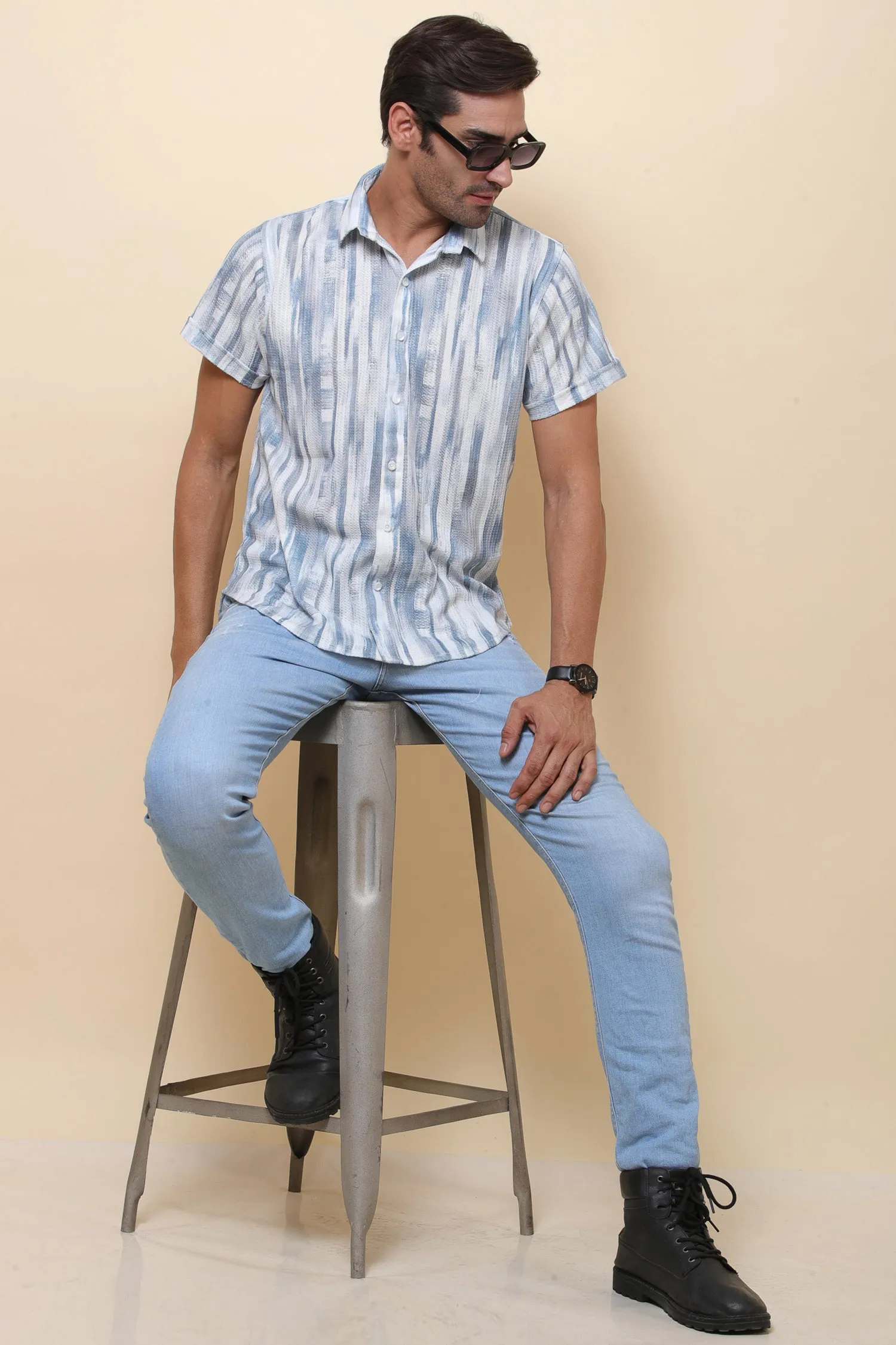 Knitting Print Blue Stripe Half Sleeve Shirt for Men