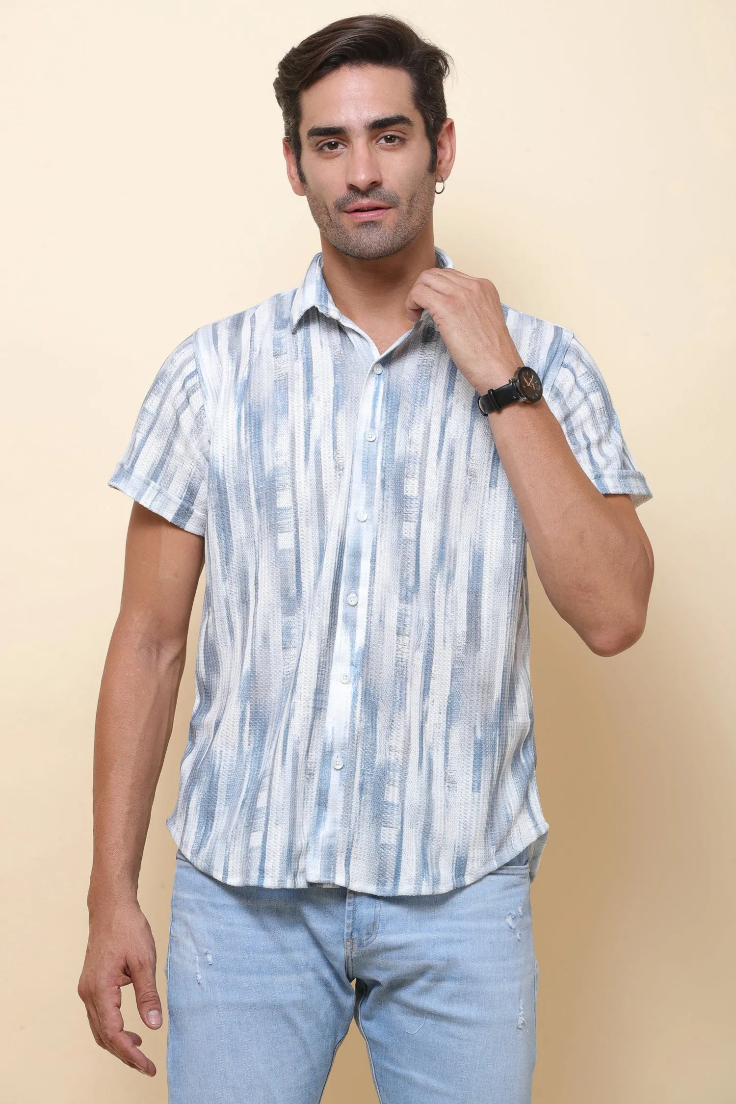 Knitting Print Blue Stripe Half Sleeve Shirt for Men