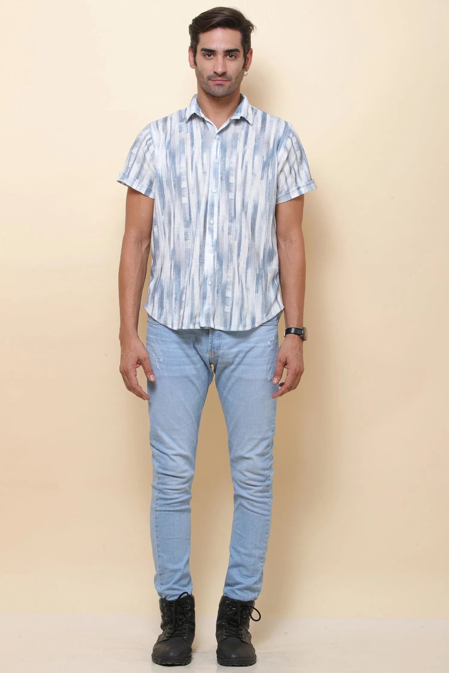 Knitting Print Blue Stripe Half Sleeve Shirt for Men