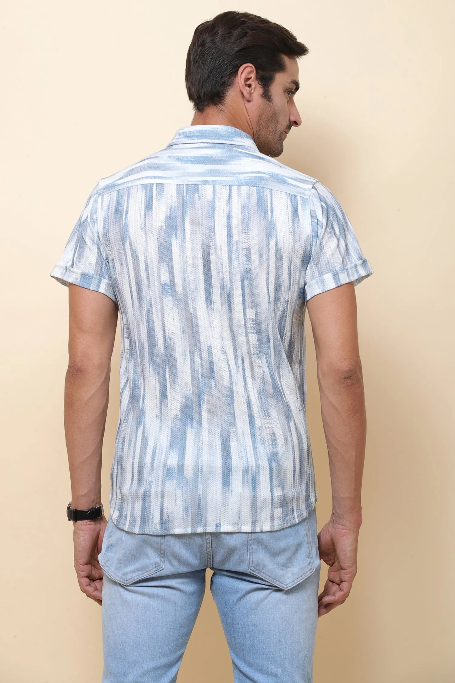 Knitting Print Blue Stripe Half Sleeve Shirt for Men