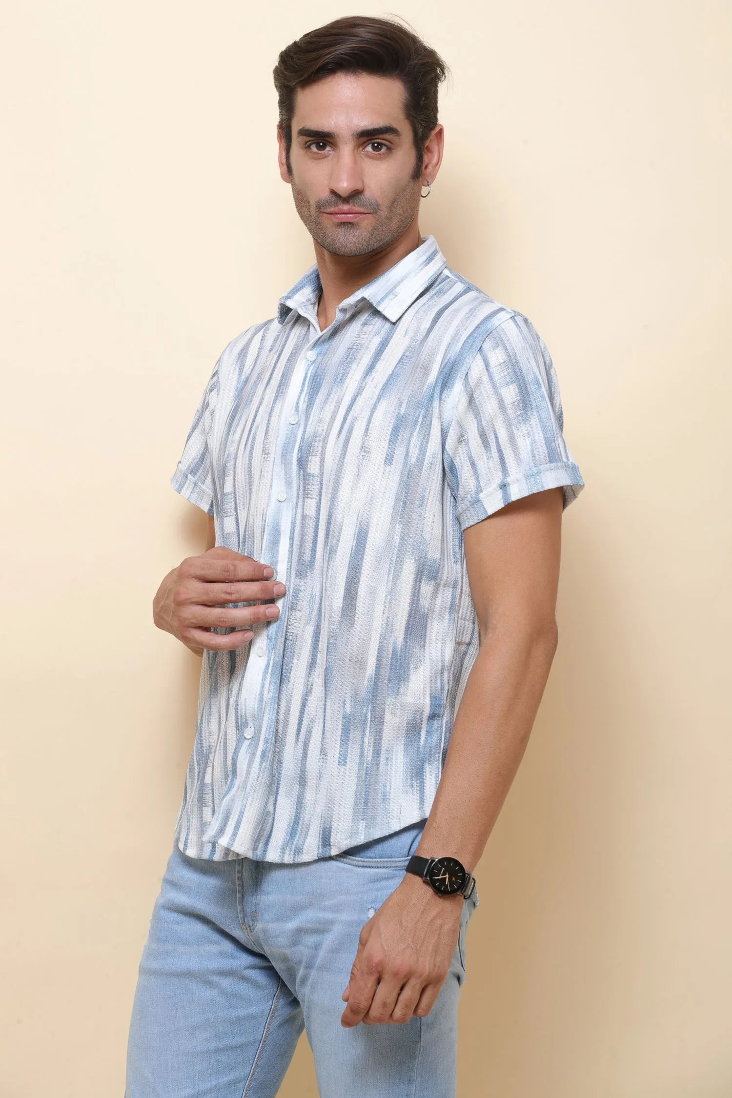 Knitting Print Blue Stripe Half Sleeve Shirt for Men