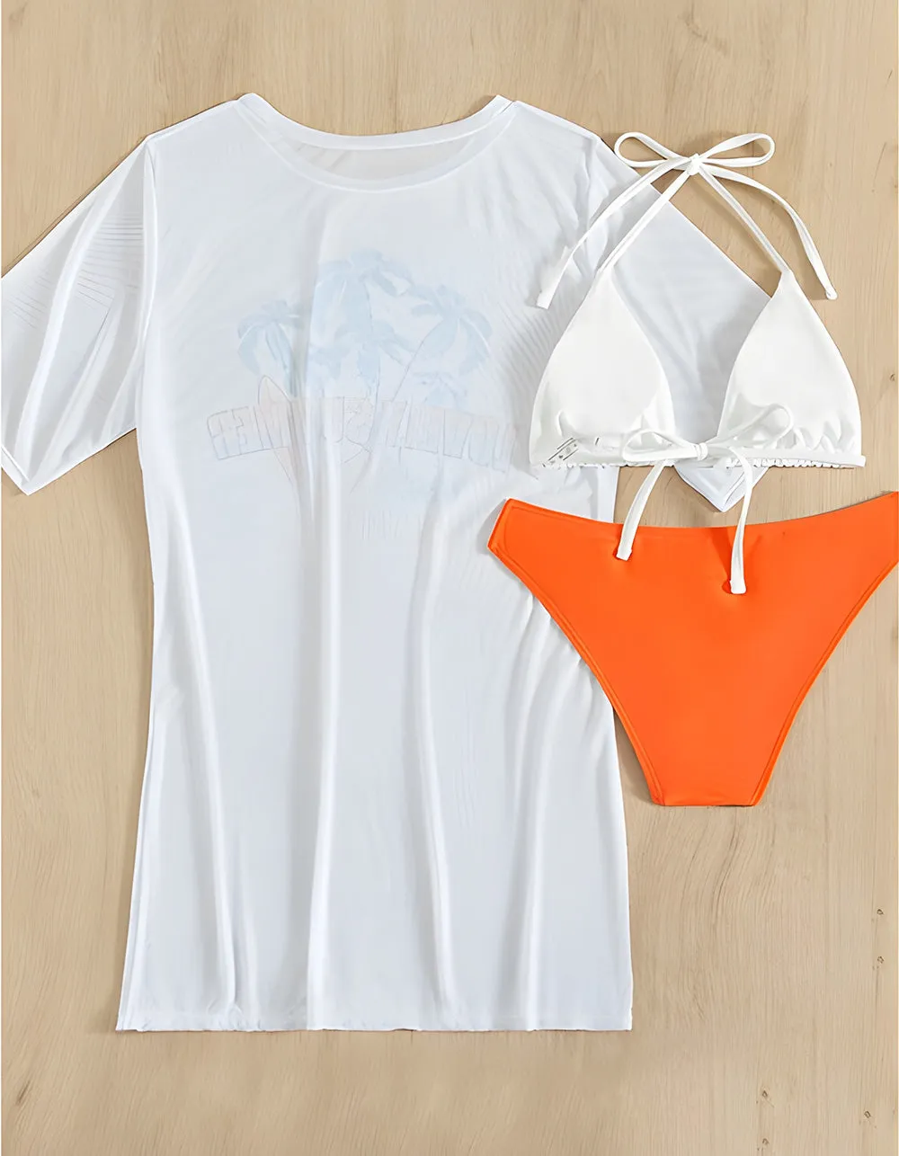 Letter Cartoon Print Three-piece Bikini  Swimwear Cover Up Sets