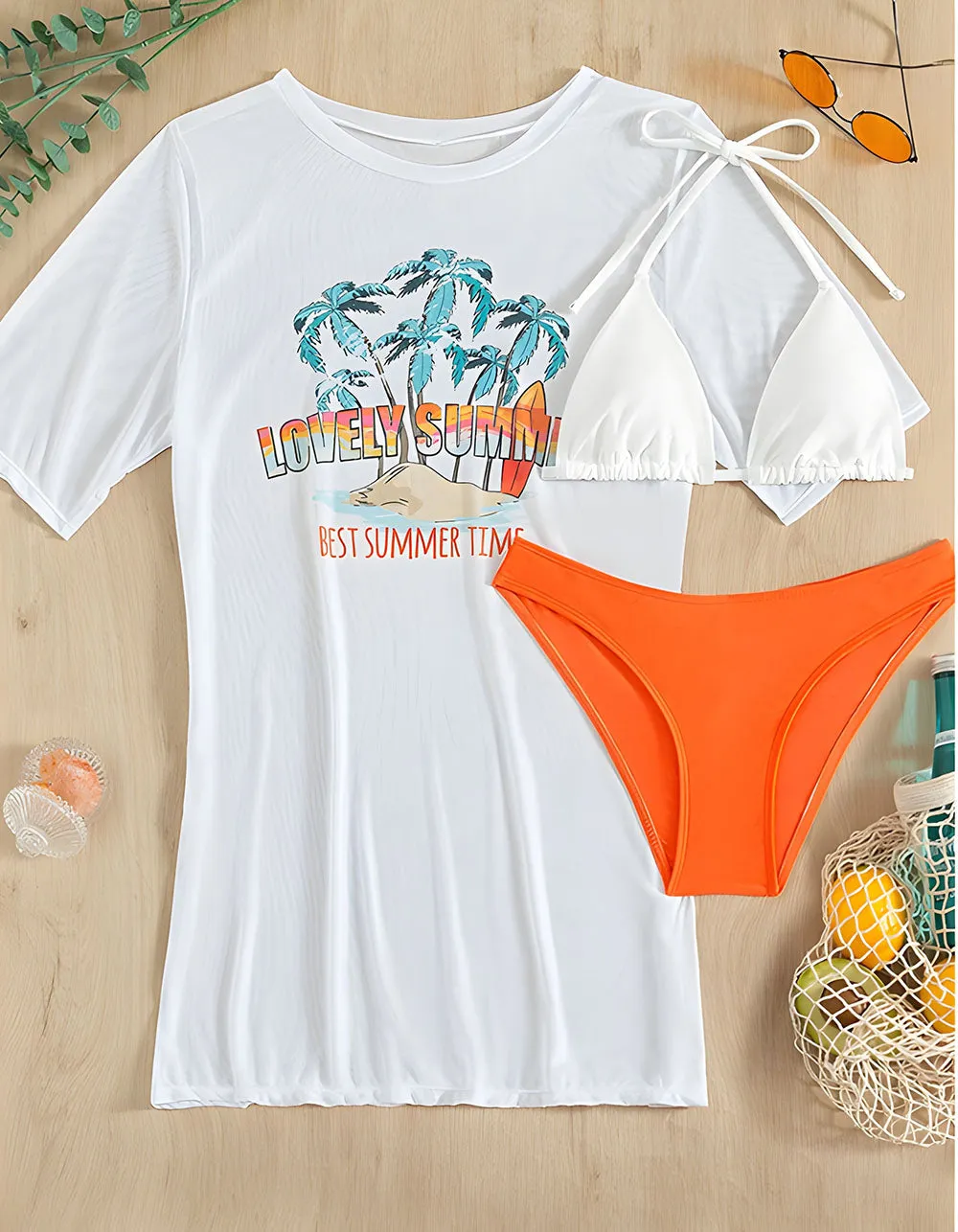 Letter Cartoon Print Three-piece Bikini  Swimwear Cover Up Sets
