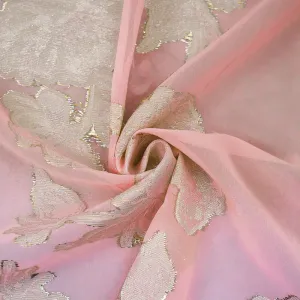 Light Pink-Gold-Silver Nylon Metallic Floral Organza Woven Fabric