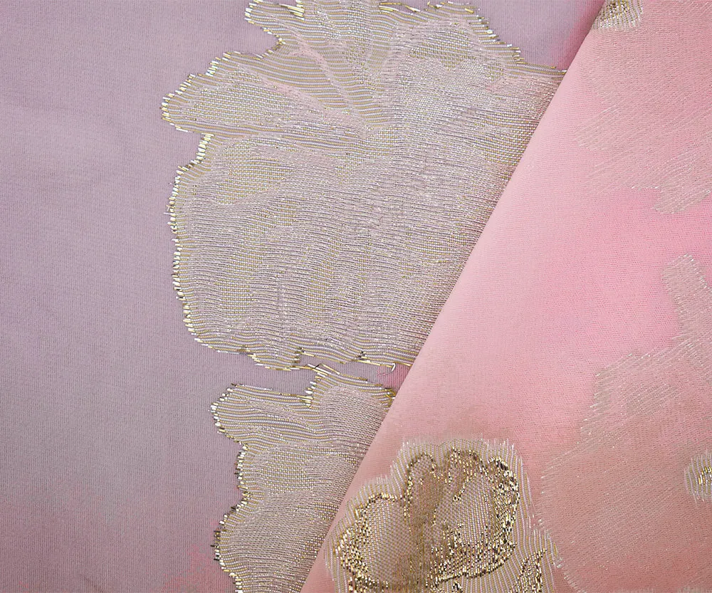 Light Pink-Gold-Silver Nylon Metallic Floral Organza Woven Fabric