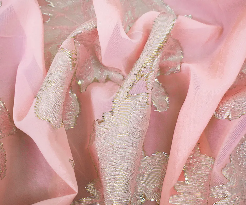 Light Pink-Gold-Silver Nylon Metallic Floral Organza Woven Fabric