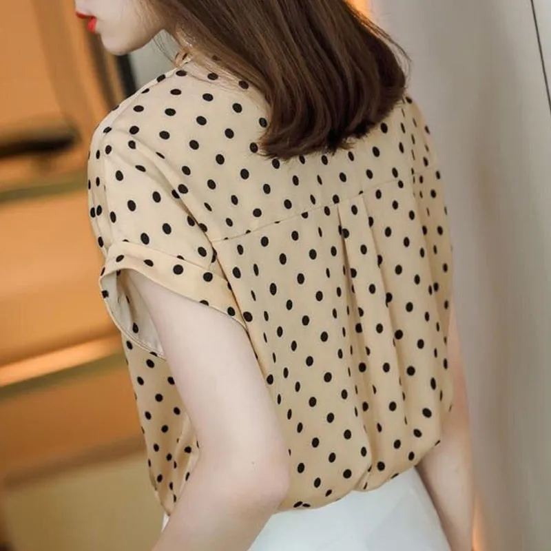 loose chiffon polka dot stand collar blouse