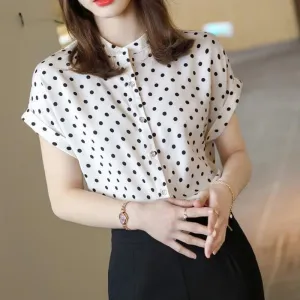 loose chiffon polka dot stand collar blouse