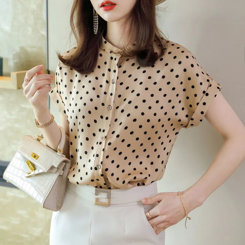 loose chiffon polka dot stand collar blouse