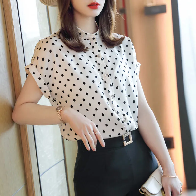 loose chiffon polka dot stand collar blouse