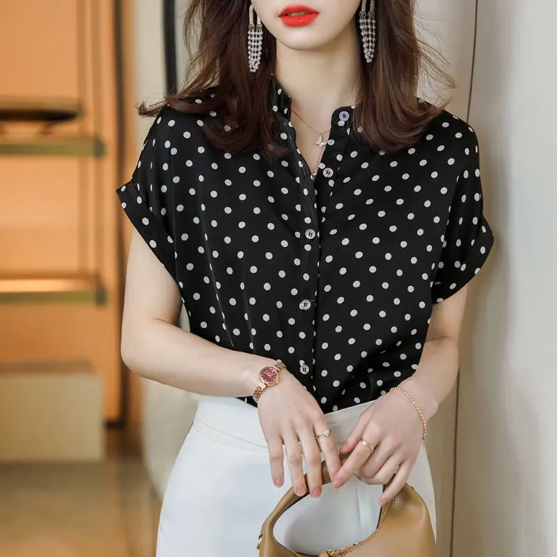 loose chiffon polka dot stand collar blouse