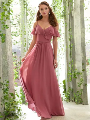 Luolandi A-Line Bridesmaid Dress Spaghetti Strap Short Sleeve Open Back Floor Length Chiffon with Ruffles