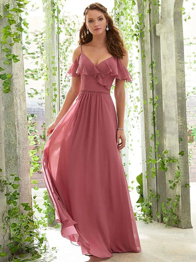 Luolandi A-Line Bridesmaid Dress Spaghetti Strap Short Sleeve Open Back Floor Length Chiffon with Ruffles