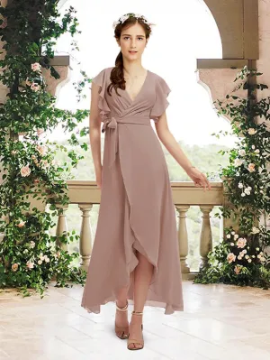 Luolandi A-Line Bridesmaid Dress V Neck Short Sleeve Elegant Asymmetrical / Ankle Length Chiffon with Sash / Ribbon