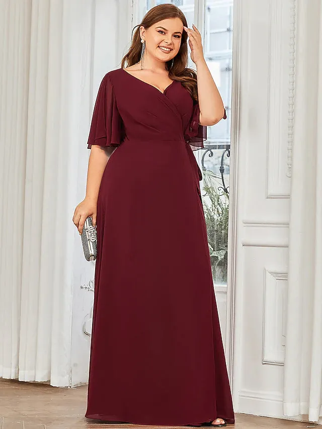 Luolandi A-Line Bridesmaid Dress V Neck Short Sleeve Elegant Floor Length Chiffon with Ruffles / Draping