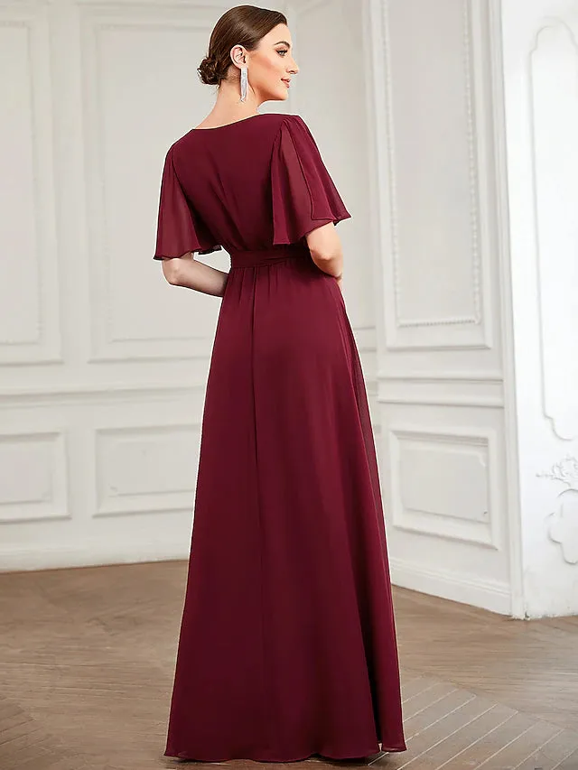 Luolandi A-Line Bridesmaid Dress V Neck Short Sleeve Elegant Floor Length Chiffon with Ruffles / Draping