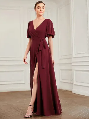 Luolandi A-Line Bridesmaid Dress V Neck Short Sleeve Elegant Floor Length Chiffon with Ruffles / Draping