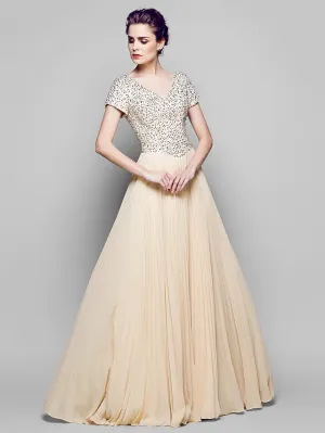 Luolandi A-Line Mother of the Bride Dress Sparkle & Shine Bateau Neck Floor Length Chiffon Tulle Sequined Short Sleeve with Sequin Champagne